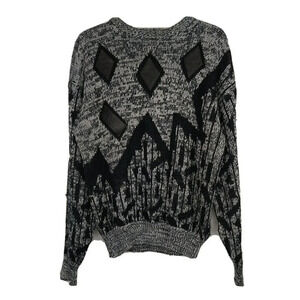 Vintage Barnaby Crewneck Sweater Leather Accent Men Size L Grey Black Geometric